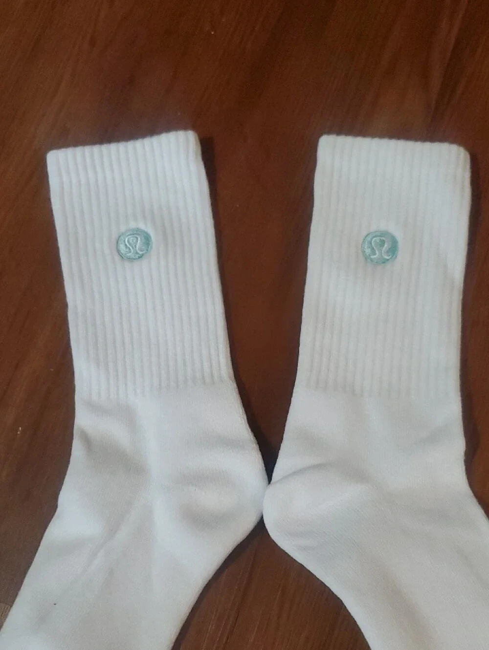 lululemon athletica White Crew Socks with Green and Teal Logo Accents